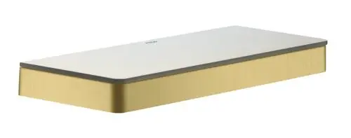 Ablage in rechteckiger Form mit einer weißen Oberfläche und einem brushed brass Rahmen. Das Design stammt von AXOR.